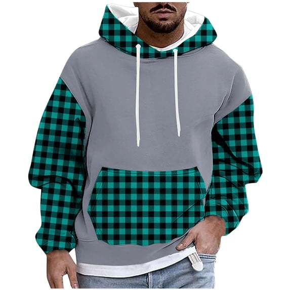 Enjoytime Hoodies for Men Fashion Patchwork Plaid Oversized Sweatshirt with Drawstring Casual Long Sleeve Pullover Hoodie with Pockets Navy L