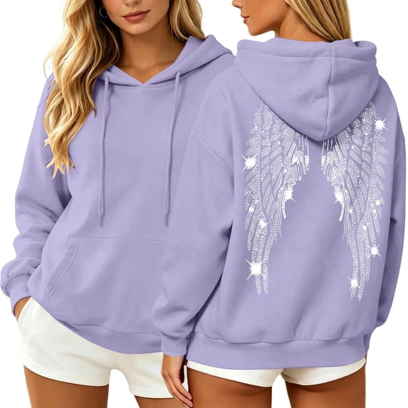 Enjoytime Hoodies for Women Back Wing Print Long Sleeve Pullover Hooded Sweatshirt Comfy Casual Fashion Clothing with Pocket