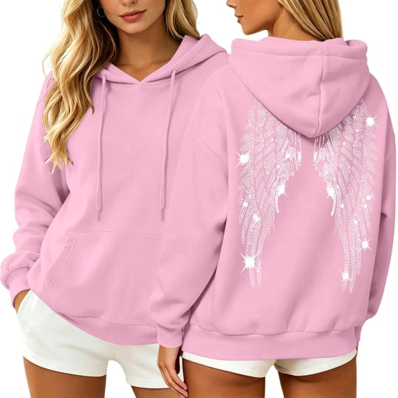 Enjoytime Hoodies for Women Back Wing Print Long Sleeve Pullover Hooded Sweatshirt Comfy Casual Fashion Clothing with Pocket