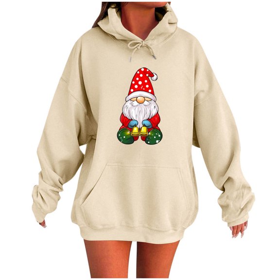 Enjoytime Hoodies for Women Christmas Cute Printed Long Sleeve Sweatshirts Fall Winter Loose Casual Pullover Hoodie Beige S