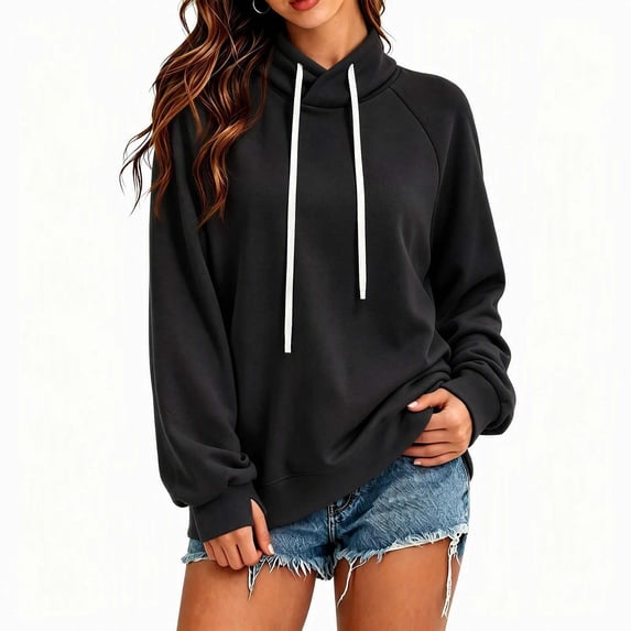 Enjoytime Hoodies for Women Long Sleeve Drawstring Pullover Hoodie Soft Casual Solid Fall Winter Sweatshirt
