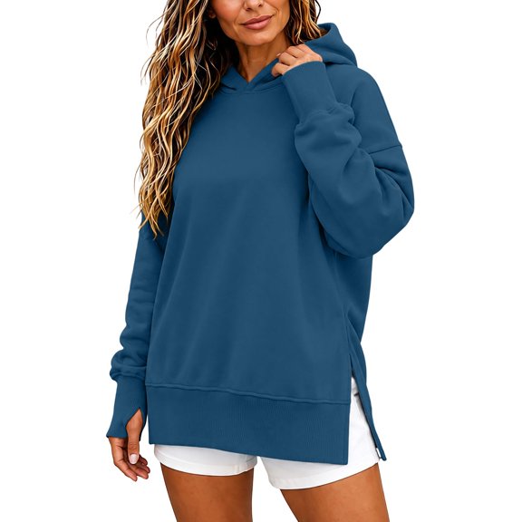 Enjoytime Hoodies for Women Long Sleeve Solid Color Side Slit Sweatshirt Fall Winter Soft Casual Pullover Hoodie