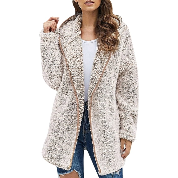 Enjoytime Hoodies for Women Solid Color Lapel Long Sleeve Zip Up Hoodie Casual Comfy Warm Fall Winter Sweatshirt Beige M