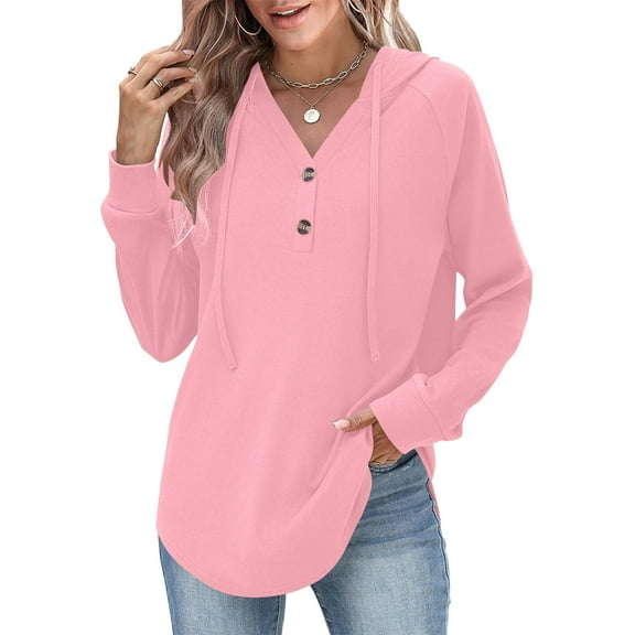 Enjoytime Hoodies for Women Solid Color Long Sleeve Button Down Sweatshirt Lightweight Casual Trendy Pullover Sweatshirts Hot Pink S