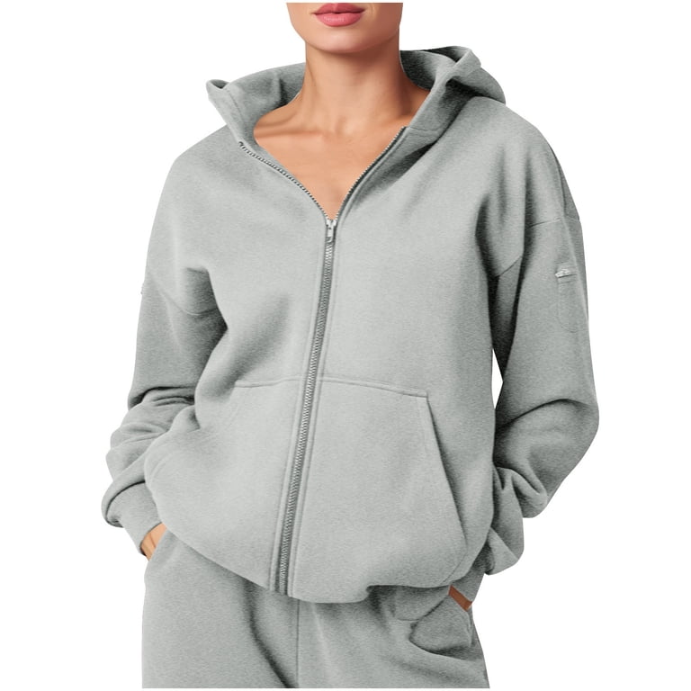 Zip Up Hoodies Women Crew Neck Oversized Sweatshirt Long Sleeve Fleece Lined Hood