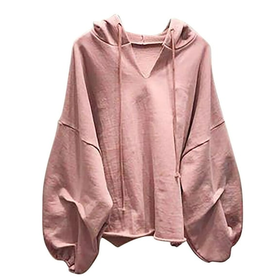 Enjoytime Hoodies for Women Solid Color V-Neck Long Sleeve Loose Tops Lightweight Casual Loose Pullover Sweatshirts for Women Pink M