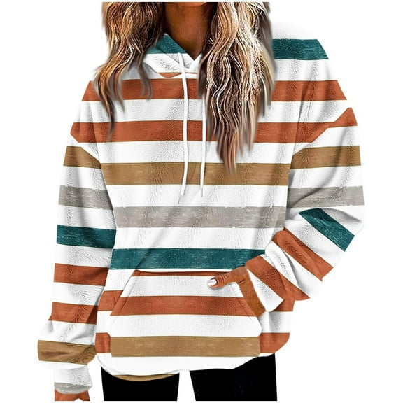 Enjoytime Hoodies for Women Trendy Striped Pullover Sweatshirts Long Sleeve Loose Casual Fall Winter Sweatshirt with Pockets Orange L