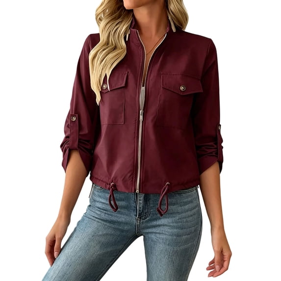 Enjoytime Jacket for Women Stand Collar Roll Tab Long Sleeve Cropped Jackets Zip Up Casual Oversized Outerwear