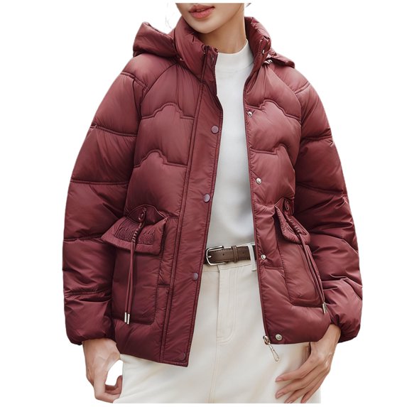 Enjoytime Jackets for Women Solid Color Stand Up Collar Full Zip Outerwear Long Sleeve Thicken Warm Fall Coats Winter Plus Size Clothes with Removable Hood Wine XXL