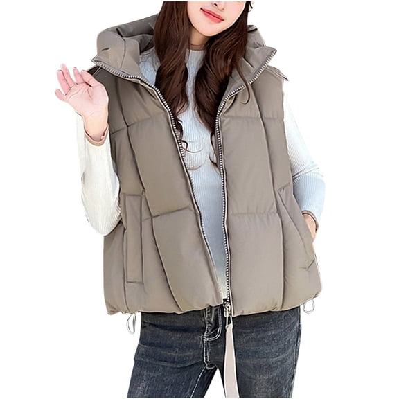 Enjoytime Jackets for Women Trendy Solid Color Sleeveless Full Zip Vests Fall Winter Puffer Coats Fashion Warm Casual Outerwear with Hood and Pockets Khaki M