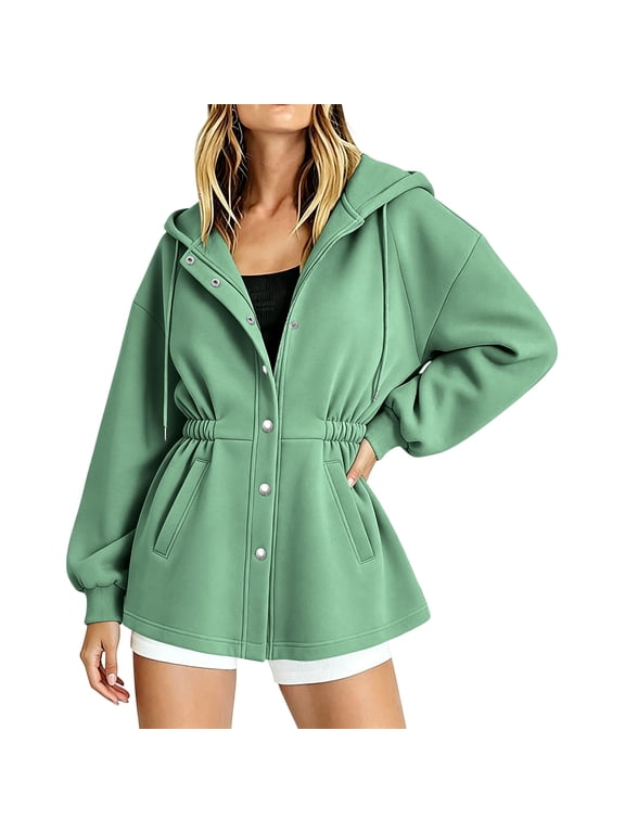 Jackets for Women Button Down Cinched Waist Zip Up Hoodie Long Sleeve Trendy Casual Fall Winter Coat