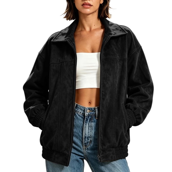 Enjoytime Jackets for Women Lapel Collar Long Sleeve Zip Up Coat Fall Winter Vintage Casual Work Oversized Outerwear