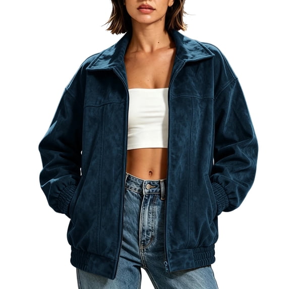 Enjoytime Jackets for Women Lapel Collar Long Sleeve Zip Up Coat Fall Winter Vintage Casual Work Oversized Outerwear