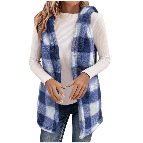 Enjoytime Jackets for Women Plaid Patchwork Sleeveless Open Front Cardigan Fashion Loose Fall Winter Warm Casual Waistcoat Navy XXL