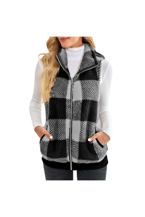 Enjoytime Jackets for Women Plaid Print Stand Collar Sleeveless Vests Fall Winter Plus Size Fashion Warm Casual Outerwear
