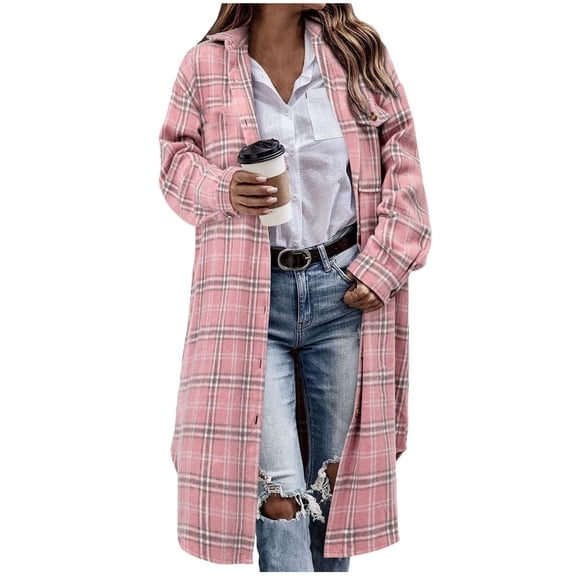 Enjoytime Jackets for Women Plaid Printed Long Sleeve Button Down Long Coat Fall Winter Warm Trendy Casual Outerwear