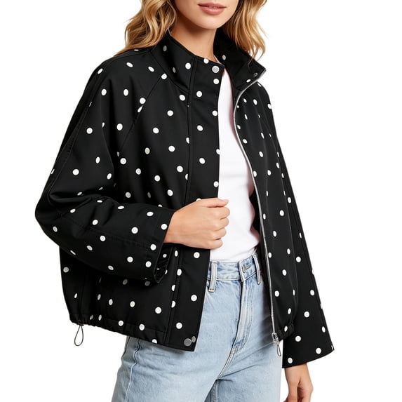 Enjoytime Jackets for Women Polka Dots Stand Collar Button Zip Up Windbreaker Jacket Outdoor Oversized Casual Lightweight Outerwear with Drawstring