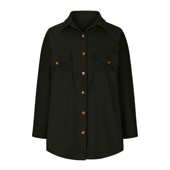 Enjoytime Jackets for Women Solid Color Lapel Button Down Blouses Fall Winter Trendy Casual Long Sleeve Tops Black M