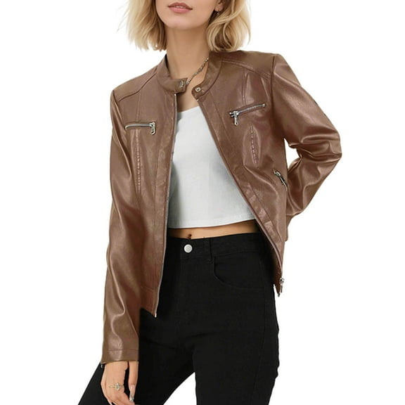Enjoytime Jackets for Women Solid Color Lapel Leather Short Coat Fashion Trendy Lightweight Long Sleeve Casual Outerwear Brown S
