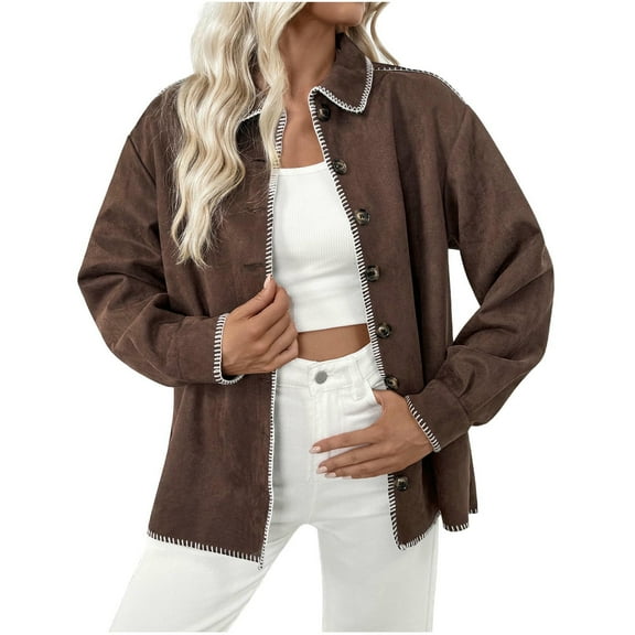 Enjoytime Jackets for Women Solid Color Long Sleeve Button Down Outerwear Turndown Collar Lightweight Fashion Casual Winter Coat Brown L