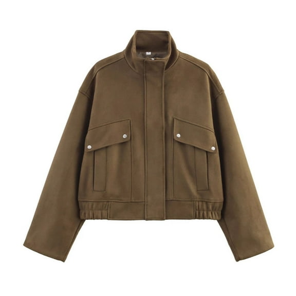 Enjoytime Jackets for Women Trendy Solid Color Long Sleeve Stand-Up Collar Coat Loose Casual Outerwear for Women Coffee L