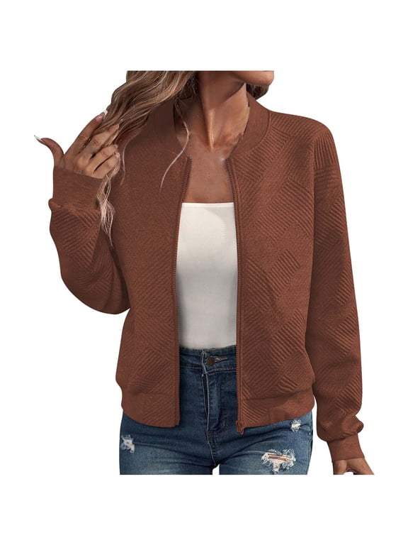 Jackets for Women Trendy Solid Color Long Sleeved Zipper Outwear Fall Fashion Thin Casual Jacket
