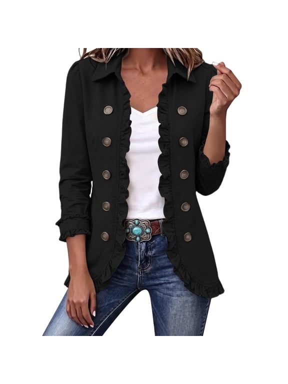 Jeans Jacket for Women Ruffle Open Front Double Breasted Button Denim Coat Vintage Casual Cardigan Plus Size Fall Outerwear