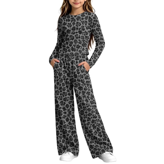 Enjoytime Kids Girls Outfits Leopard Print 2 Piece Set Long Sleeve Crew Neck Crop Top with Wide Leg Pants Casual Matching Loungewear