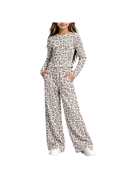 Kids Girls Outfits Leopard Print 2 Piece Set Long Sleeve Crew Neck Crop Top with Wide Leg Pants Casual Matching Loungewear