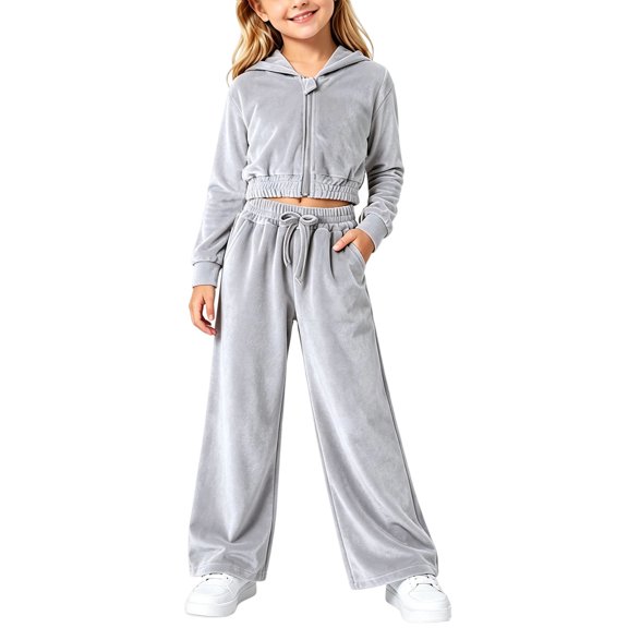 Enjoytime Kids Toddler Girl Outfits Zip Up Cropped Hoodie with Wide Leg Pants 2 Piece Set Fashion Velvet Soft Casual Sweatsuit