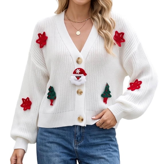 Enjoytime Knit Cardigan for Women Christmas Print Long Sleeve Sweater Coat Fall Winter Cozy V-Neck Button Down Outerwear