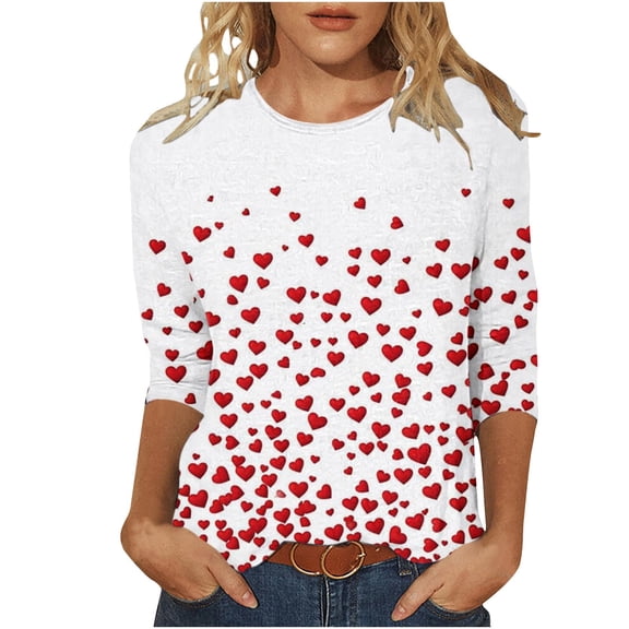 Enjoytime Ladies Blouses Valentines Heart Printed Crewneck 3/4 Sleeve Shirts Fashion Casual Loose Plus Size Women Tops Multicolor L