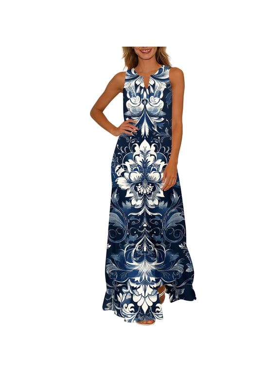 Ladies Dresses Sleeveless V Neck Floral Long Dress Summer Loose Casual Beach Vacation Sundress