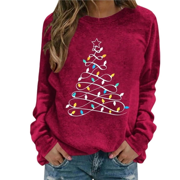 Enjoytime Ladies Sweatshirts Christmas Printed Long Sleeve Pullover Tops Comfy Fall Fashion Crewneck Sweatshirt Winter Clothes 2025 Watermelon Red L