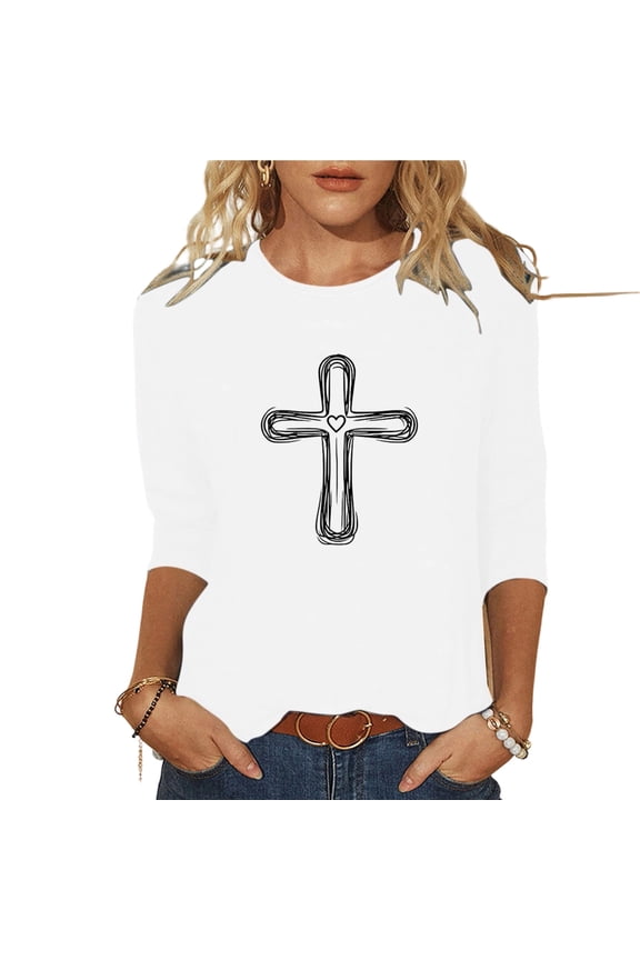 Ladies Tops And Blouses Trendy Printed 3/4 Sleeve Crewneck Casual Shirts Loose Fashion Plus Size Womens Clothing