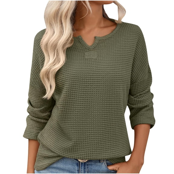 Enjoytime Ladies Tops Solid Color V-Neck Casual Long Sleeve Pullover Blouses Lightweight Knit Casual Womens Shirts Army Green S