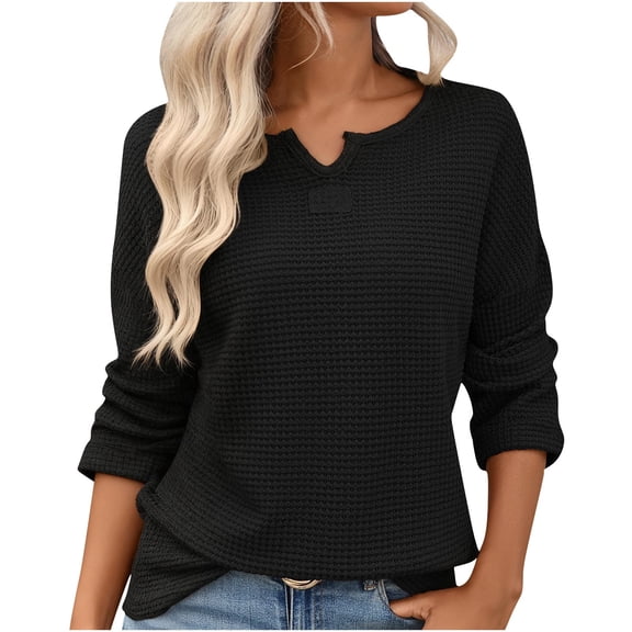 Enjoytime Ladies Tops Solid Color V-Neck Casual Long Sleeve Pullover Blouses Lightweight Knit Casual Womens Shirts Black S
