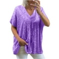 thumbnail image 1 of Enjoytime Ladies Tops Solid Color V-Neck Sequins Short Sleeve Shirts Summer Spring Fashion Loose Casual Plus Size Blouse Purple L, 1 of 5