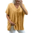 thumbnail image 1 of Enjoytime Ladies Tops Solid Color V-Neck Sequins Short Sleeve Shirts Summer Spring Fashion Loose Casual Plus Size Blouse Yellow L, 1 of 5