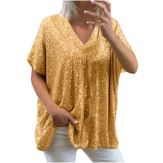 Enjoytime Ladies Tops Solid Color V-Neck Sequins Short Sleeve Shirts Summer Spring Fashion Loose Casual Plus Size Blouse Yellow L
