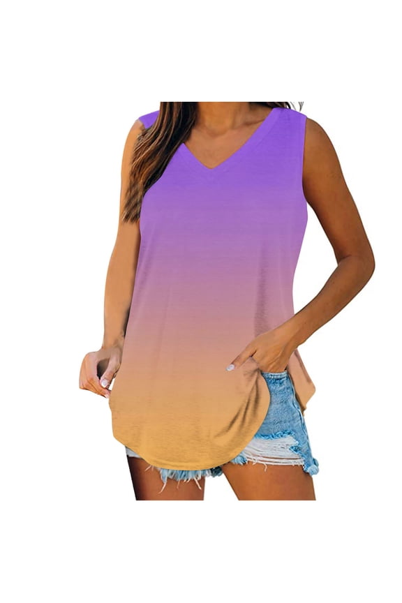 Ladies Tops Spring Summer Gradient Crewneck Sleeveless Shirts Trendy Casual Beach Vacation Tank Tops