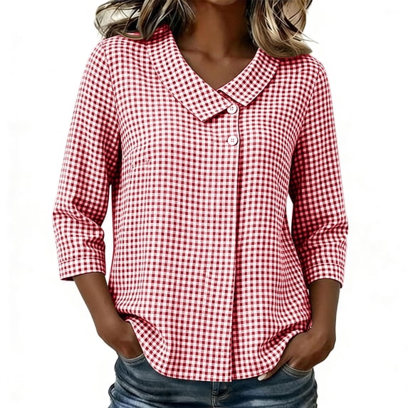 Enjoytime Ladies Tops and Blouses 3/4 Sleeve Collared V-Neck Button Down Blouses Business Casual Plus Size Womens Clothing