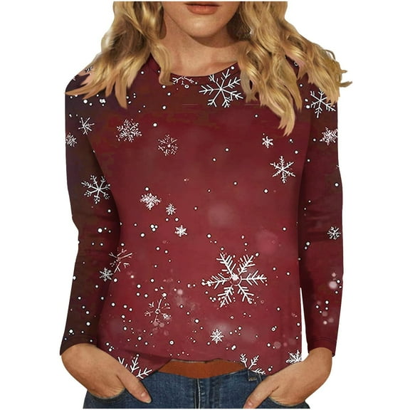 Enjoytime Ladies Tops and Blouses Christmas Printed Round Neck Long Sleeve Shirts Fall Winter Casual Plus Size Womens Clothing Wine XXXL