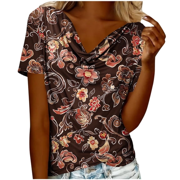 Enjoytime Ladies Tops and Blouses Floral Printed Pile Collar Short Sleeve Shirts 2026 Spring Summer Casual Fashion Clothing Brown L
