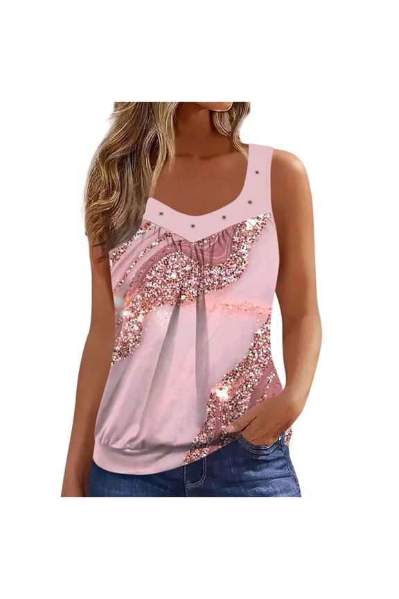 Ladies Tops and Blouses Printed Crewneck Sleeveless Shirts Summer Spring Trendy Beach Vacation Plus Size Womens Clothing Pink S