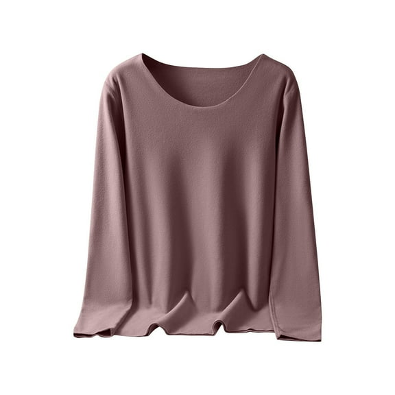 Enjoytime Ladies Tops and Blouses Solid Color Round Neck Long Sleeve Loose Shirts Fall Winter Casual Fashion Clothes Coffee L