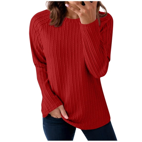 Enjoytime Ladies Tops and Blouses Solid Color Round Neck Long Sleeve Shirts Business Casual Comfy Fall Winter Clothes Red XL
