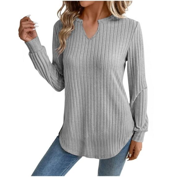 Enjoytime Ladies Tops and Blouses Solid Color V-Neck Long Sleeves Fall Winter Shirts for Women Fashion Cute Trendy Clothes 2025 Gray XL