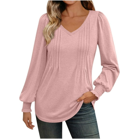 Enjoytime Ladies Tops and Blouses Solid Color V-Neck Pleated Long Sleeve Shirts Fashion Business Casual Fall Winter Clothes 2025 Pink M