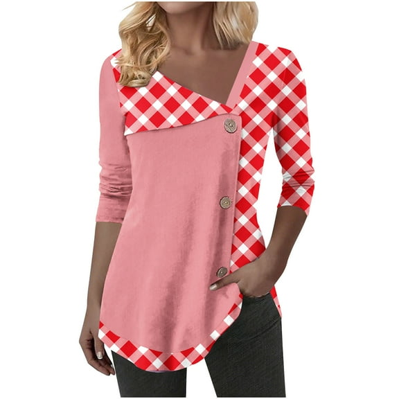 Enjoytime Ladies Tops and Blouses Trendy Patchwork V-Neck Long Sleeve Buttons Down Shirt Business Casual Fall Winter Clothing for Women Pink M